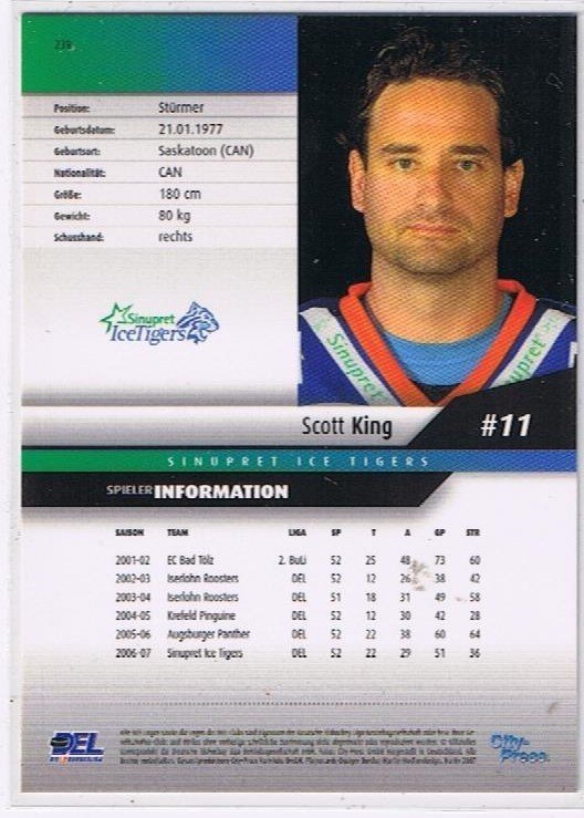 DEL Playerkarte 2007/2008 Scott King Sinupret Ice Tigers