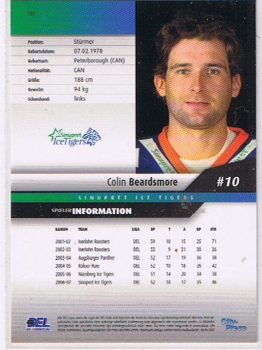 DEL Playerkarte 2007/2008 Colin Beardsmore Nürnberg Ice Tigers