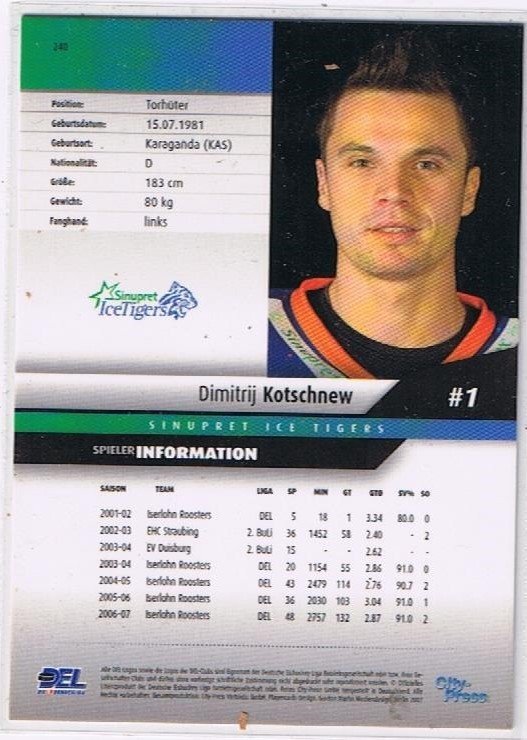 DEL Playerkarte 2007/2008 Dimitrij Kotschnew Nürnberg Ice Tigers