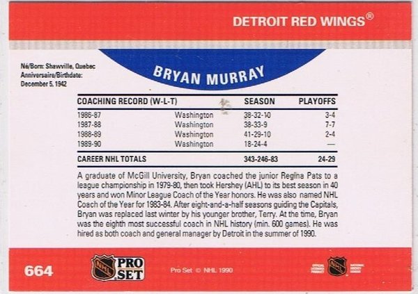 1990/91 Pro Set Bryan Murray RC CO Red Wings
