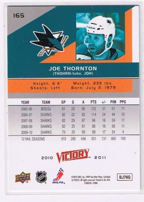 Upper Deck Victory 2010/2011 Joe Thornton San Jose Sharks