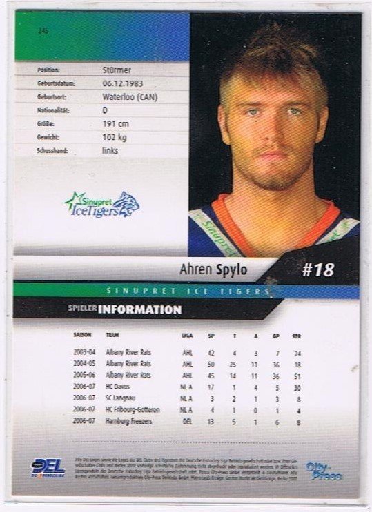 DEL Playerkarte 2007/2008 Ahren Spylo Ice Tigers