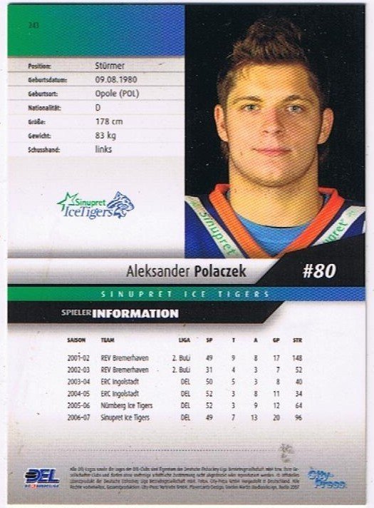 DEL Playerkarte 2007/2008 Aleksander Polaczek Ice Tigers