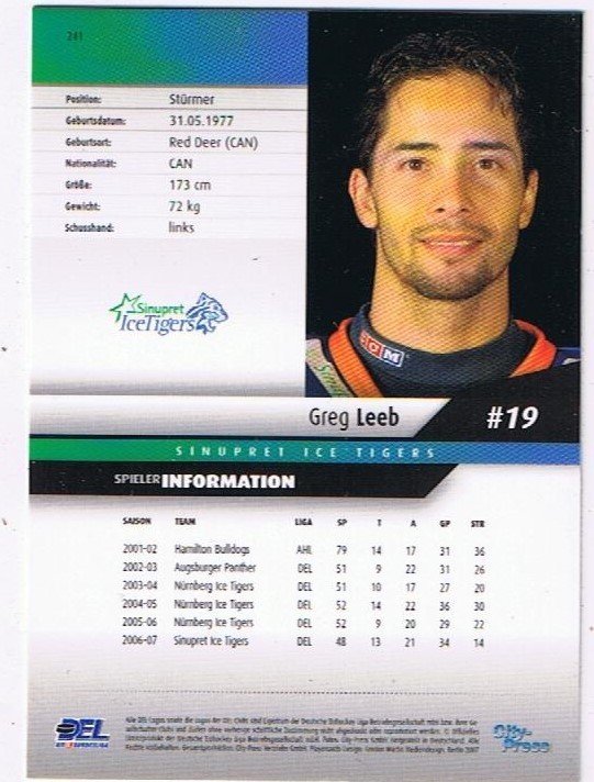 DEL Playerkarte 2007/2008 Greg Leeb Ice Tigers