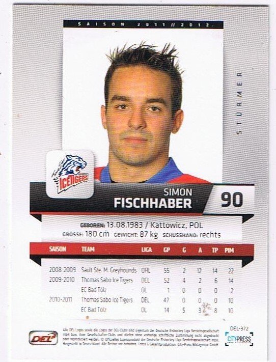 DEL Playerkarte 2011/2012 Simon Fischhaber Ice Tigers
