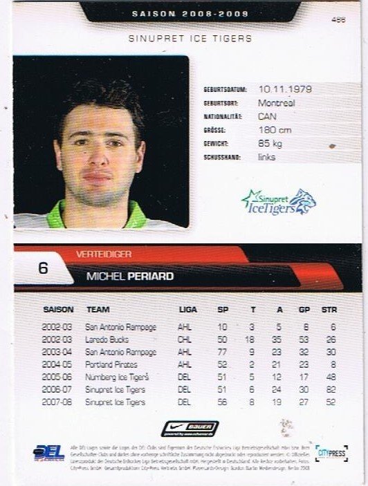 DEL Playerkarte 2008/2009 Michel Periard Ice Tigers