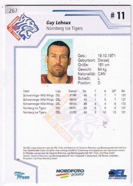DEL Playerkarte 2002/03 Guy Lehoux Ice Tigers
