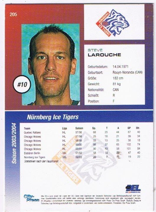 DEL Playerkarte 2003/04 Steve Larouche Ice Tigers