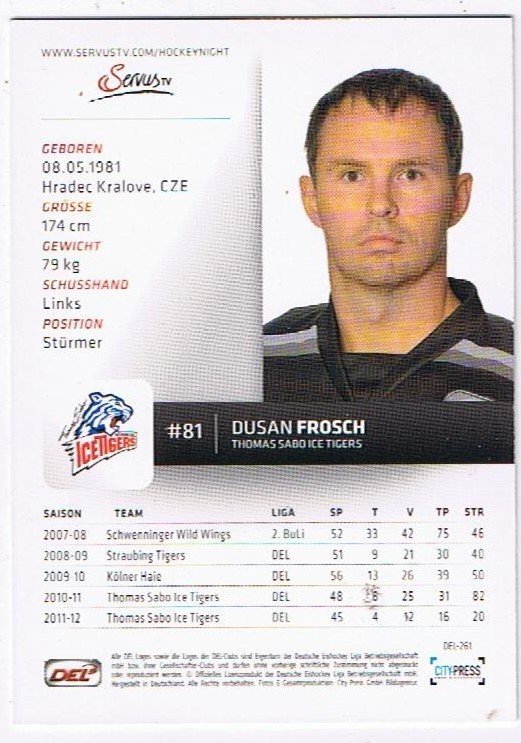 DEL Playerkarte 2012/2013 Dusan Frosch Ice Tigers