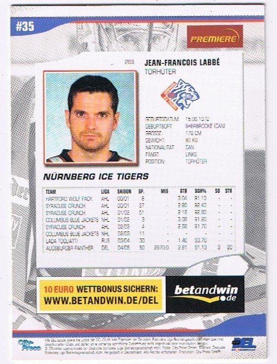 DEL Playerkarte 2005/06 Jean-Francois Labbé Ice Tigers