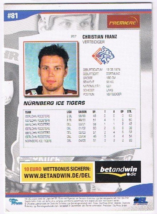 DEL Playerkarte 2005/06 Christian Franz Ice Tigers