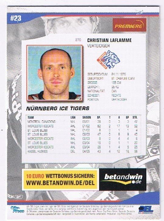 DEL Playerkarte 2005/06 Christian Laflamme Ice Tigers