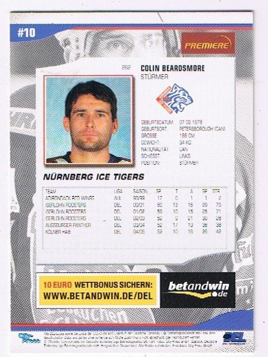 DEL Playerkarte 2005/06 Colin Beardsmore Ice Tigers