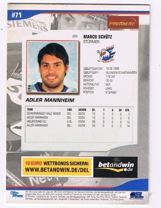 DEL Playerkarte 2005/06 Marco Schütz Adler Manheim
