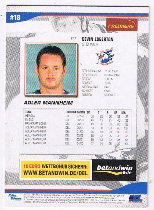 DEL Playerkarte 2005/06 Devin Edgerton Adler Mannheim