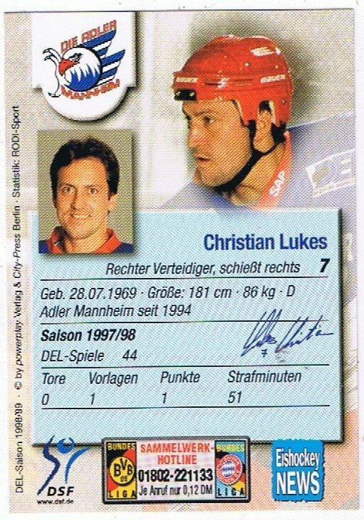 Playerkarte 1998/99 Christian Lukes Adler Mannheim