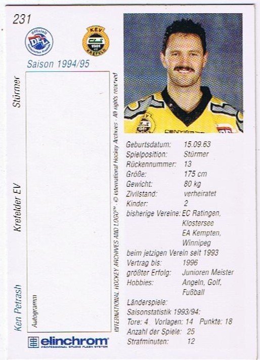 1994/95 Playerkarte Ken Petrash Krevelder EV