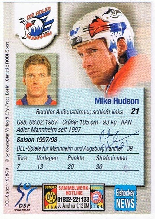 1998/99 Playerkarte Mike Hudson Adler Mannheim