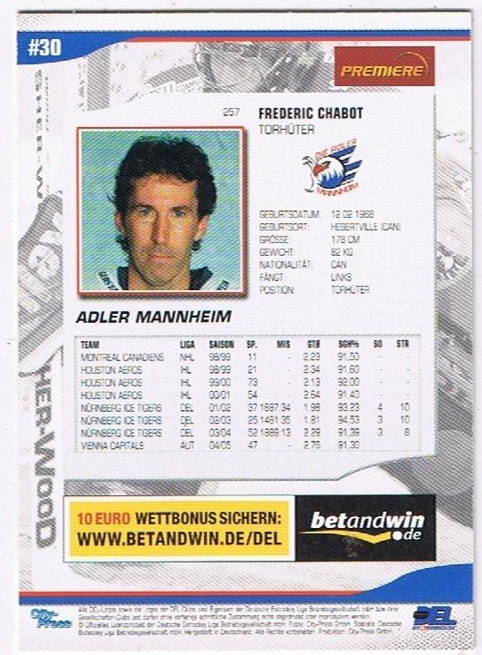 2005/06  Playerkarte Frederic Chabot Adler Mannheim