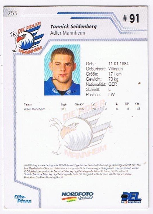 Playerkarte 2002/2003 Yannick Seidenberg Adler Manheim