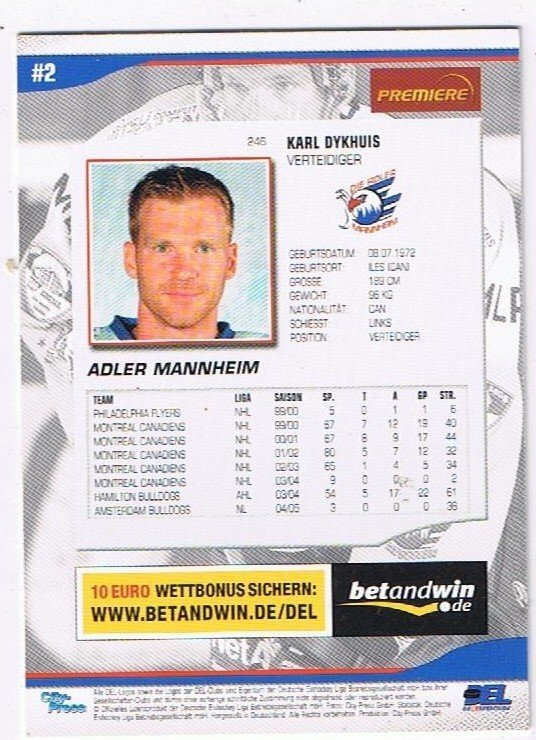 DEL Playerkarte 2005/06 Karl Dykhuis Adler Mannheim
