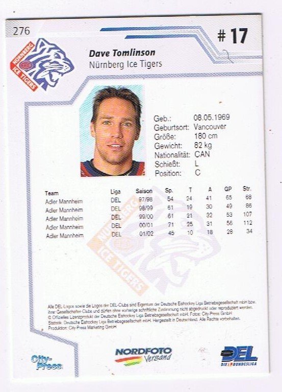 DEL Playerkarte 2002/03 Dave Tomlinson Nürnberg Ice Tigers