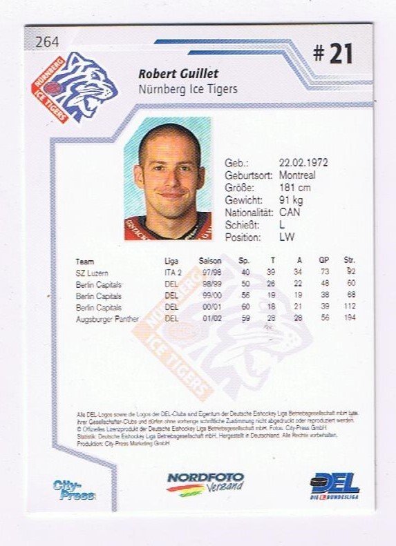 DEL Playerkarte 2002/03 Robert Guillet Nürnberg Ice Tigers