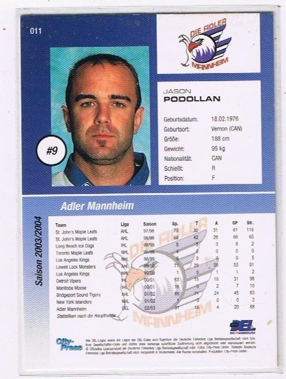 2003/2004  Playerkarte Jason Podollan Adler Mannheim