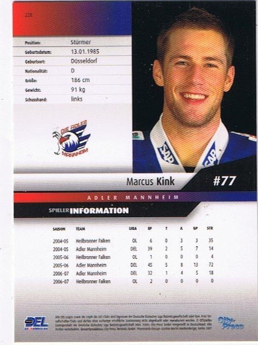 2007/08  Playerkarte Marcus Kink Adler Mannheim
