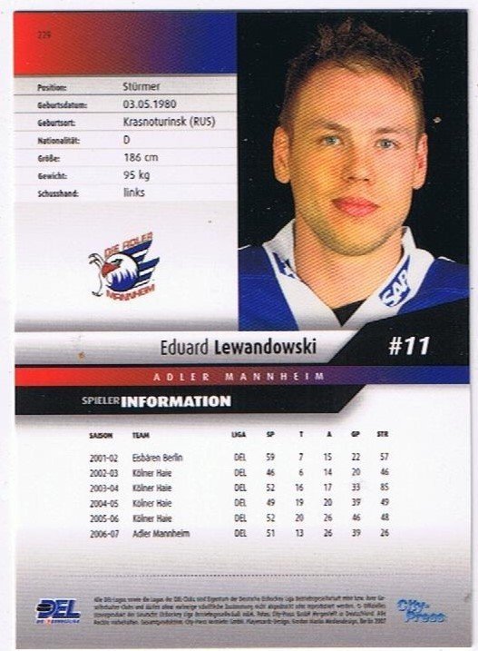 2007/08  Playerkarte Eduard Lewandowski Adler Mannheim