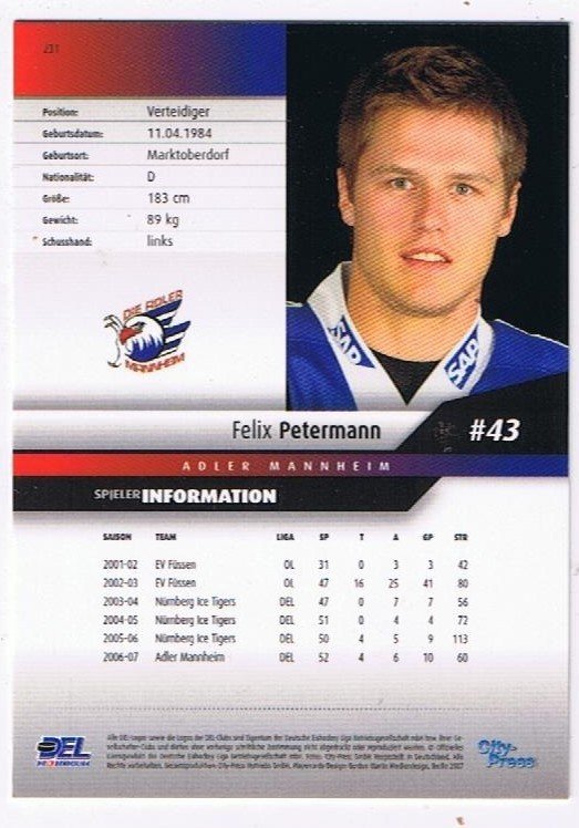 2007/08  Playerkarte Felix Petermann Adler Mannheim