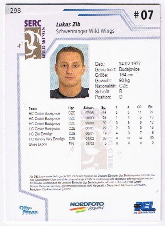 DEL Playerkarte 2002/2003 Lukas Zib Schwenningen