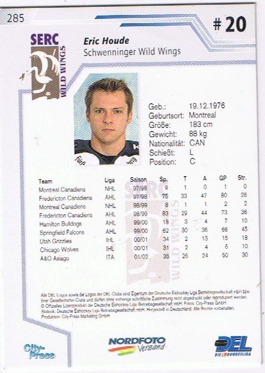 Playerkarte 2002/2003 Eric Houde Schwenningen