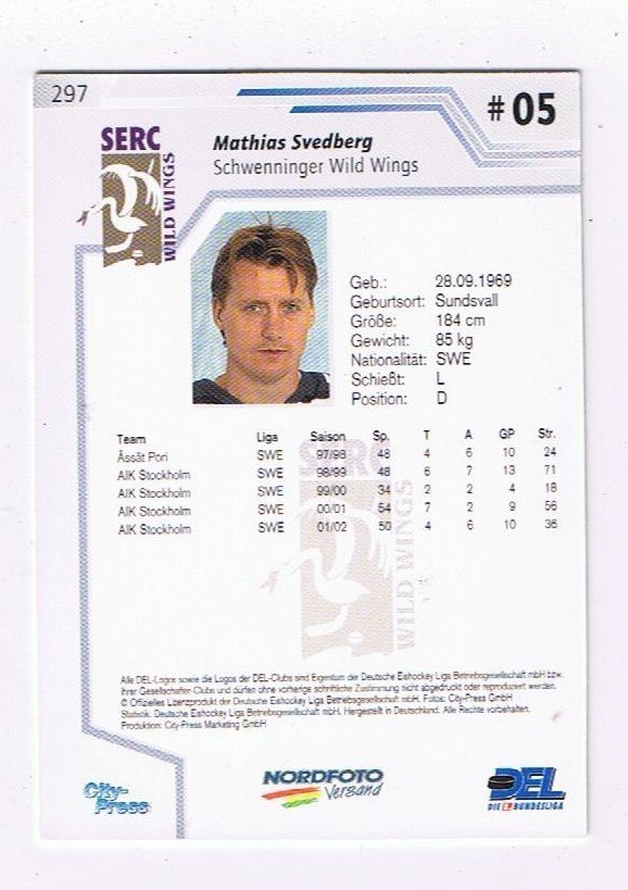 Playerkarte 2002/2003 Mathias Svedberg Schwenningen