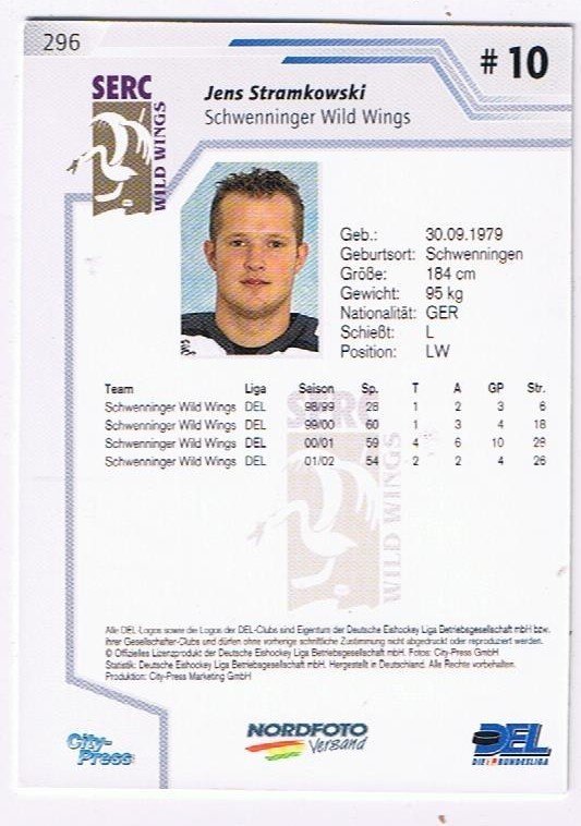 DEL Playerkarte 2002/2003 Jens Stramkowski Schwenningen