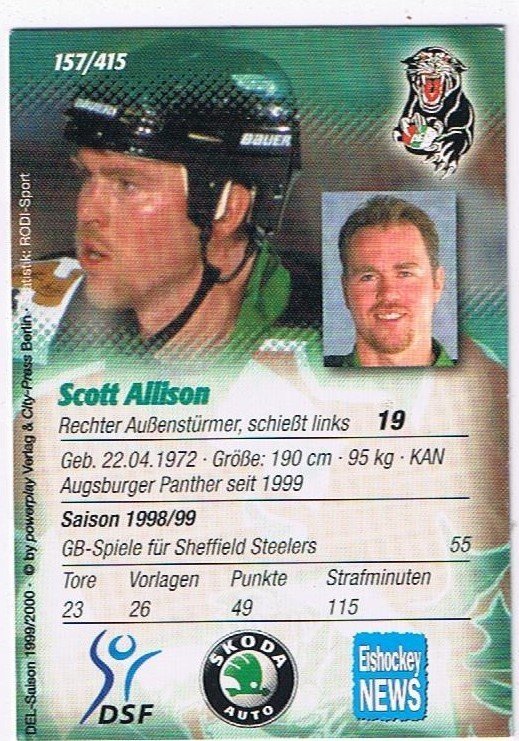 Playerkarte 1999/2000 Scott Allison Augsburger Panther