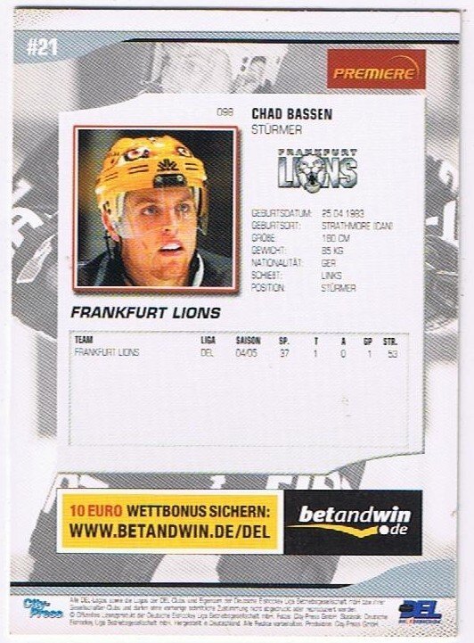 DEL Playerkarte 2005-2006  Chad Bassen Frankfurt Lions
