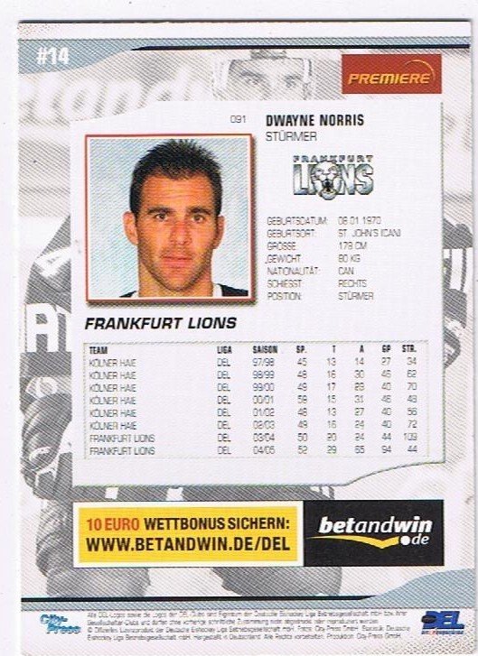 DEL Playerkarte 2005-2006 Dwayne Norris Frankfurt Lions
