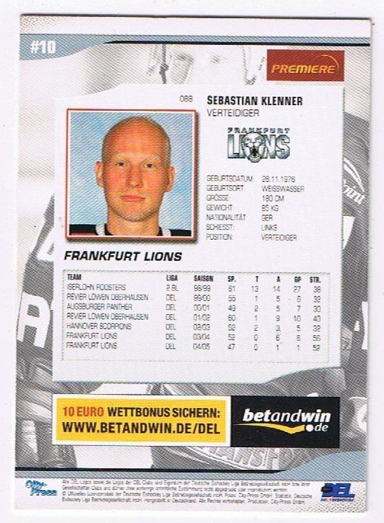 DEL Playerkarte 2005-2006 Sebastian Klenner Frankfurt Lions