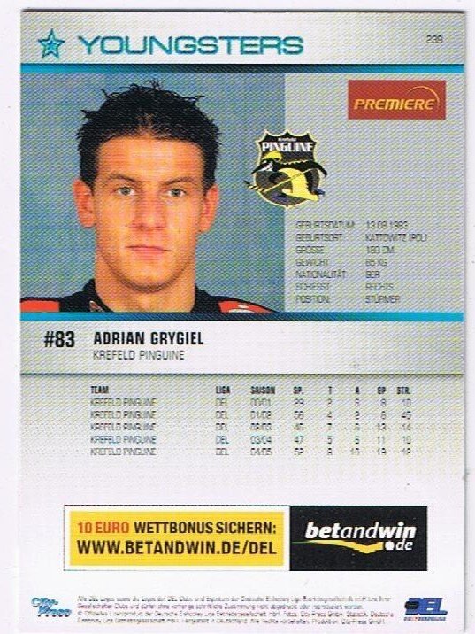 DEL Playerkarte 2005/2006 Adrian Grygiel Krefeld Pinguine