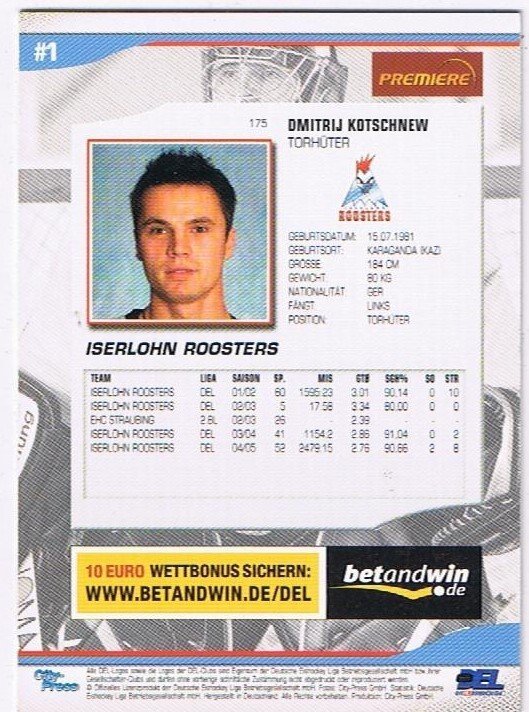 DEL Playerkarte 2005/2006 Dimitrij Kotschnew Iserlohn Roosters