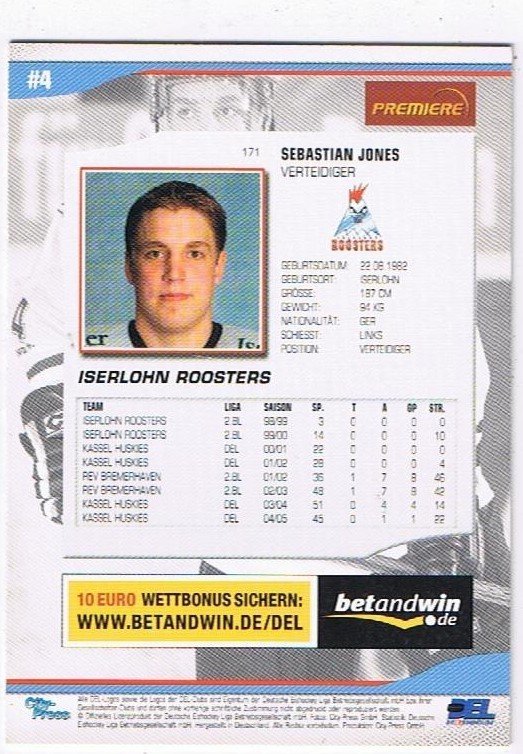 DEL Playerkarte 2005/2006 Sebastian Jones Iserlohn Roosters