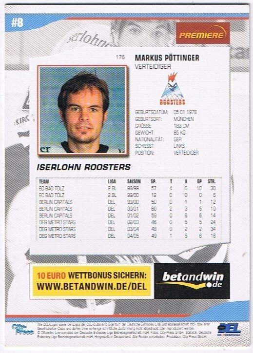 DEL Playerkarte 2005/2006 Markus Pöttinger Iserlohn Roosters