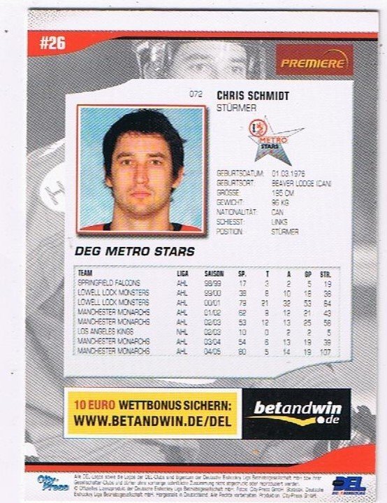DEL Playerkarte 2005/06 Chris Schmidt DEG Metro Strars