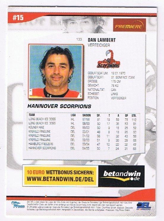 DEL Playerkarte 2005/06 Dan Lambert Hannover Scorpions