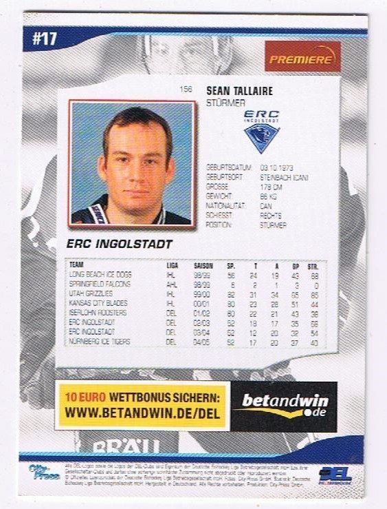 DEL Playerkarte 2005/2006 #156 Sean Tallaire ERC Ingolstadt
