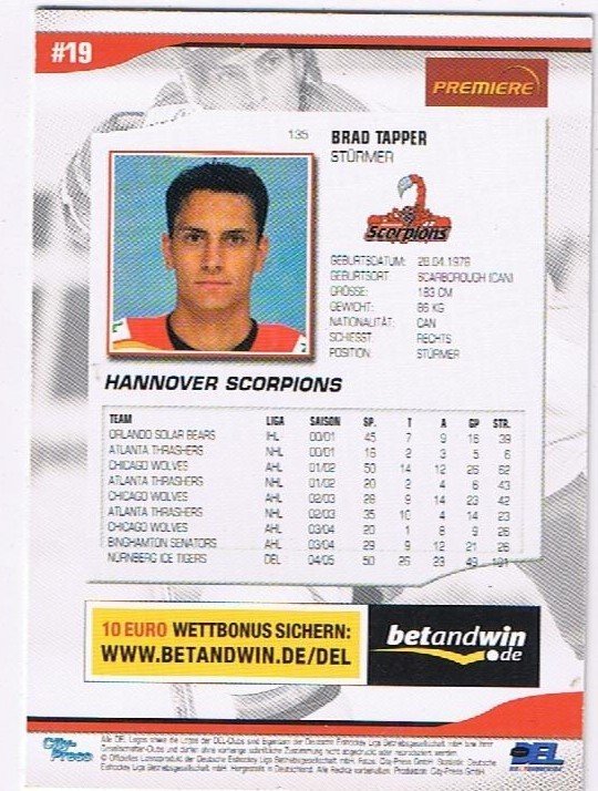 DEL Playerkarte 2005/06 Brad Tapper Hannover Scorpions