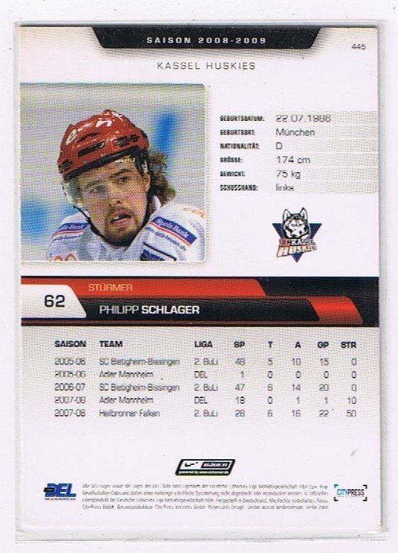 DEL Playerkarte 2008/09 Philipp Schlager Kassel Huskies