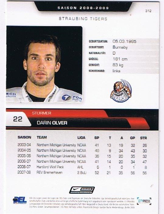 DEL Playerkarte 2008/2009 Darin Olver Straubing Tigers