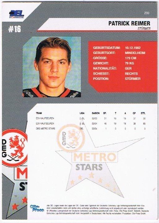 Playerkarte 2004/05 Patrick Reimer DEG Metro Stars
